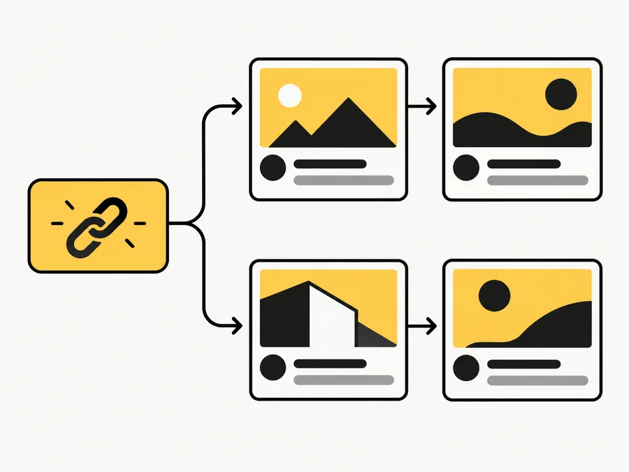 A shared link unfolding into preview cards for several social platforms